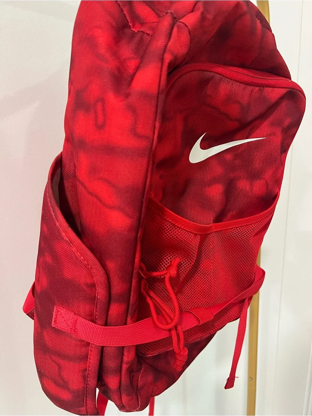 Nike Red Tie Dye Youth Baseball Backpack White Swoosh Mesh Pocket